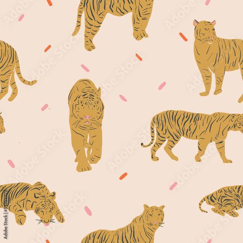 Seamless repeat tiger king pattern. Vector pattern of big cats. Exotic animals pattern.
