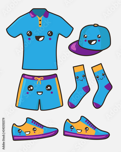A cheerful set of men's sportswear: cap, shorts, sneakers, socks, shirt. Kawaii illustration.