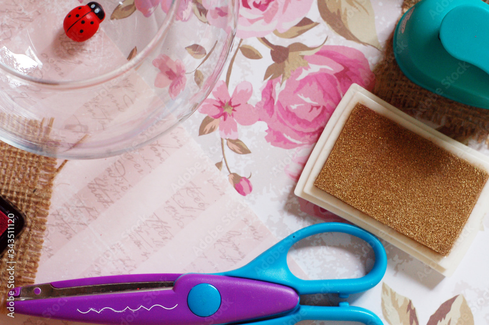 Scrapbooking Set for handmade on a light background. Scrapbooking Set for handmade on a light background.