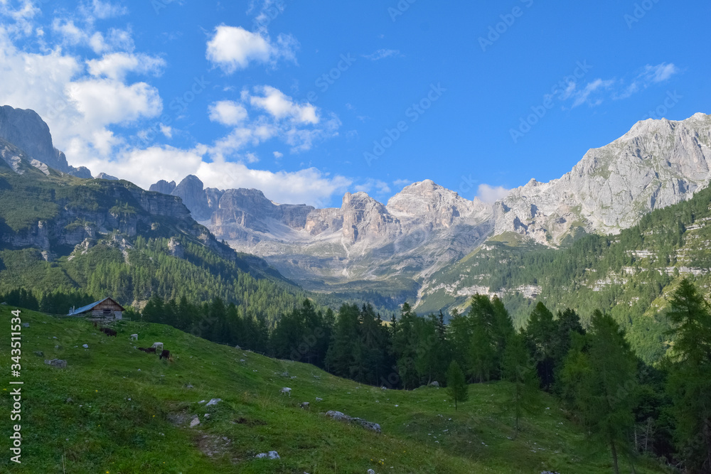 Mountain alpine hut laying on a hill with Dolomites mountains of Adamello Brenta Park behind, Trentino, Italy