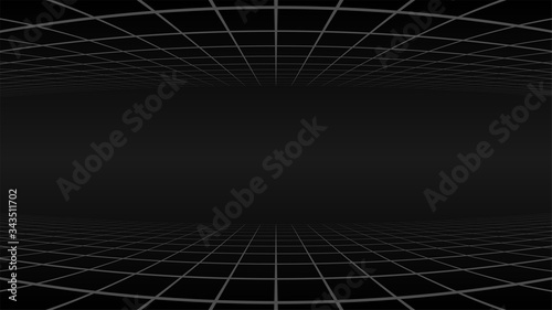 Black background. Two perspective grids. Horizontal gradient backdrop. 3d virtual space
