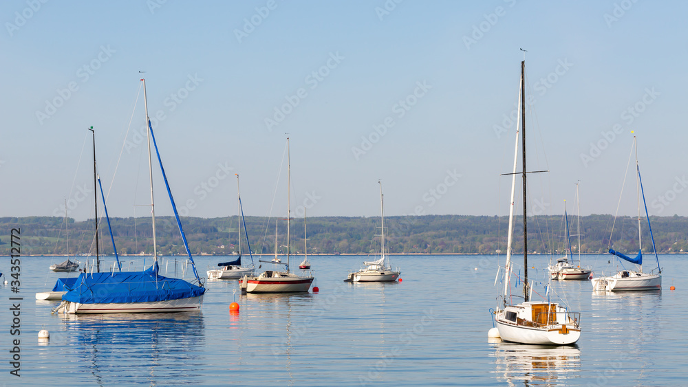 Panorama with sailboats at Lake Ammer (Ammersee)