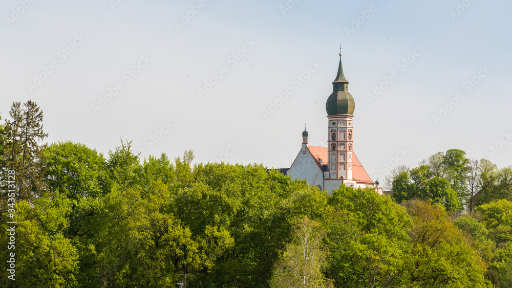 Steeple and parts of the main nave of the Andechs abbey church (Kloster Andechs)
