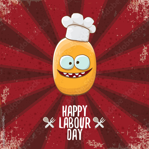 International workers day or 1 may labour day greeting card with funny cartoon tiny brown smiling chef potato with chef hat isolated on red background with rays. May day poster design template