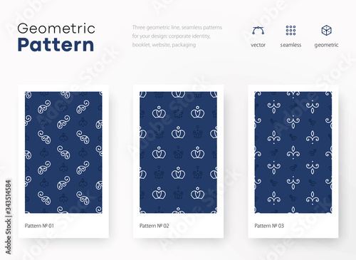 Set of seamless geometric patterns. Blue and white line backgrounds collection. Endless repeating linear texture for wallpaper,packaging, banners, invitations, business cards, fabric print, firm stile