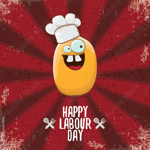 International workers day or 1 may labour day greeting card with funny cartoon tiny brown smiling chef potato with chef hat isolated on red background with rays. May day poster design template