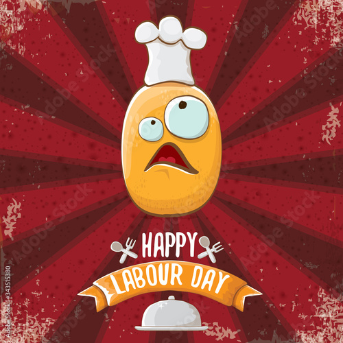 International workers day or 1 may labour day greeting card with funny cartoon tiny brown smiling chef potato with chef hat isolated on red background with rays. May day poster design template