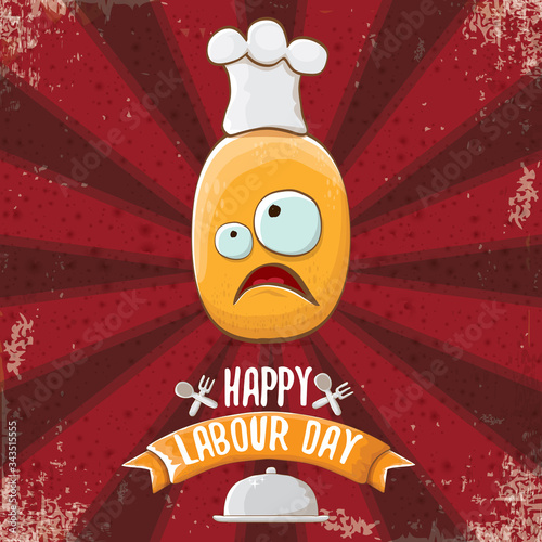 International workers day or 1 may labour day greeting card with funny cartoon tiny brown smiling chef potato with chef hat isolated on red background with rays. May day poster design template