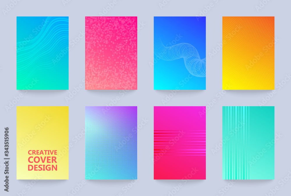 Vector halftone cover design templates set. Layout set for covers of books, albums, notebooks, reports, magazines. Dot halftone gradient effect, modern abstract design. Geometric mock-up texture