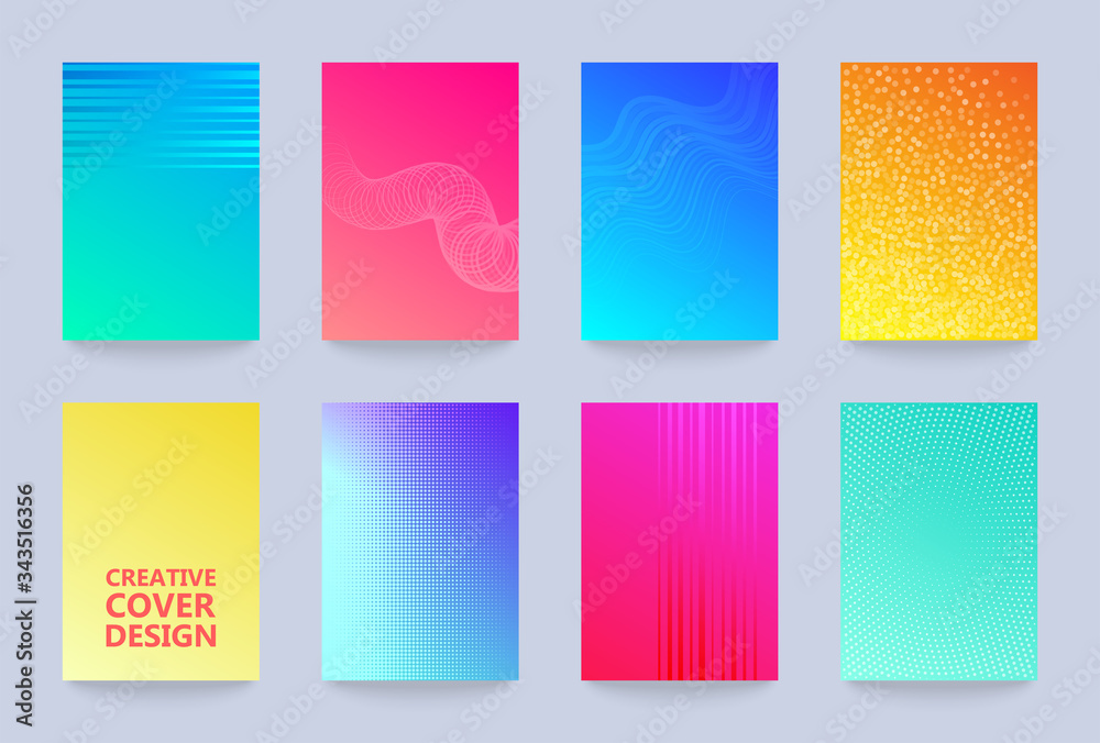 Vector halftone cover design templates set. Layout set for covers of books, albums, notebooks, reports, magazines. Dot halftone gradient effect, modern abstract design. Geometric mock-up texture
