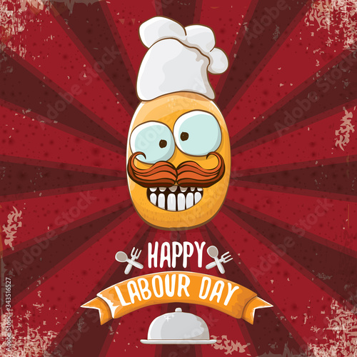 International workers day or 1 may labour day greeting card with funny cartoon tiny brown smiling chef potato with chef hat isolated on red background with rays. May day poster design template