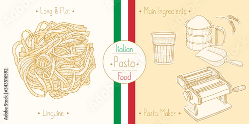 Cooking italian food Linguine Pasta, ingredients and equipment