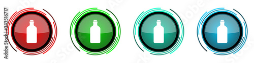 Bottle, drink round glossy vector icons, set of buttons for webdesign, internet and mobile phone applications in four colors options isolated on white background