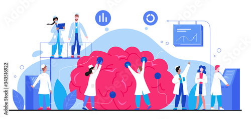 Brain health, mental investigation character flat vector illustration, medicine abstract concept. Doctors diagnose brain in laboratory. Psychologists, psychiatrists consulting, healthcare treatment