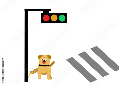 Cartoon Dogs pee at the traffic light pole.isolated on white background .