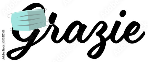 Grazie writing with medical mask around the first letter, thank you for italian health care workers