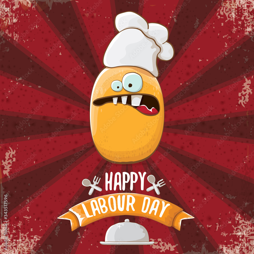 International workers day or 1 may labour day greeting card with funny  cartoon tiny brown smiling