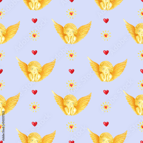 Angel, red heart and sun isolated elements in seamless pattern on light blue background for decorative usage. Valentine and love theme for covering, print, package, scrapping, washi, tape, fabric.