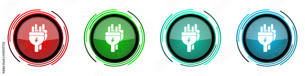 Eletricity round glossy vector icons, energy, power, plug set of buttons for webdesign, internet and mobile phone applications in four colors options isolated on white background Eletricity round glossy vector icons, energy, power, plug set of buttons for webdesign, internet and mobile phone applications in four colors options isolated on white background