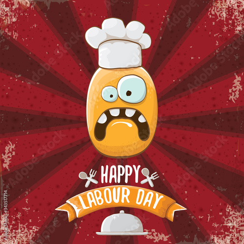 International workers day or 1 may labour day greeting card with funny cartoon tiny brown smiling chef potato with chef hat isolated on red background with rays. May day poster design template