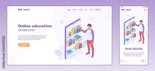 Online education and reading isometric vector illustration on web site template and onboarding screen.