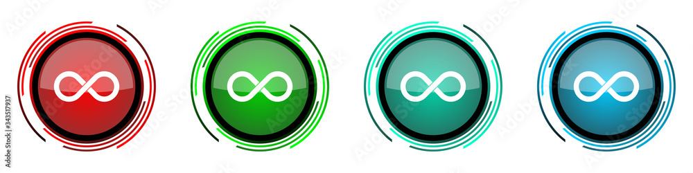Infinity round glossy vector icons, eternity, infinite, endless, loop set of buttons for webdesign, internet and mobile phone applications in four colors options isolated on white background Infinity round glossy vector icons, eternity, infinite, endless, loop set of buttons for webdesign, internet and mobile phone applications in four colors options isolated on white background