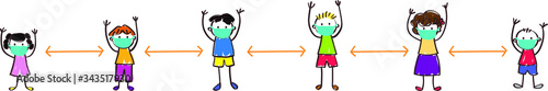 Group of children with masks raising their hands keeping distance social distancing