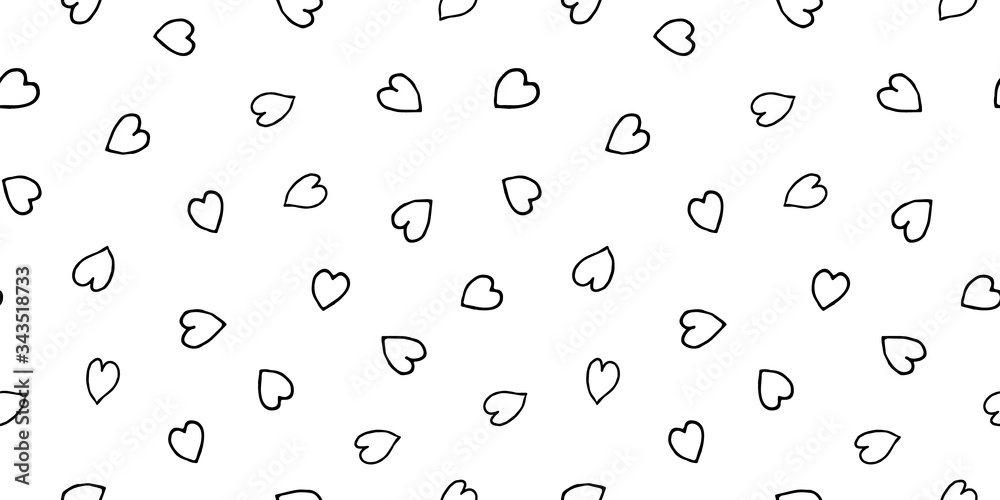 Vector line art doodle heart pattern with thin black outline heart shape on white background. Birthday, mothers day, valentine, romance. Surface pattern design.