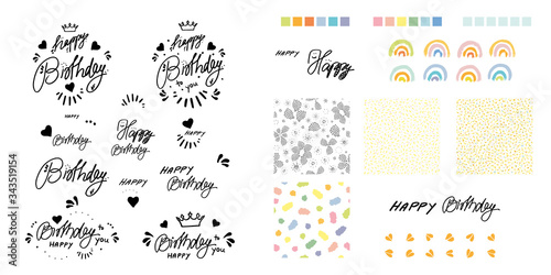 Vector happy birthday hand lettering icon set. Happy hand drawn design with seamless pattern and rainbow. Tatoo style kit. Typography set. Surface pattern design.