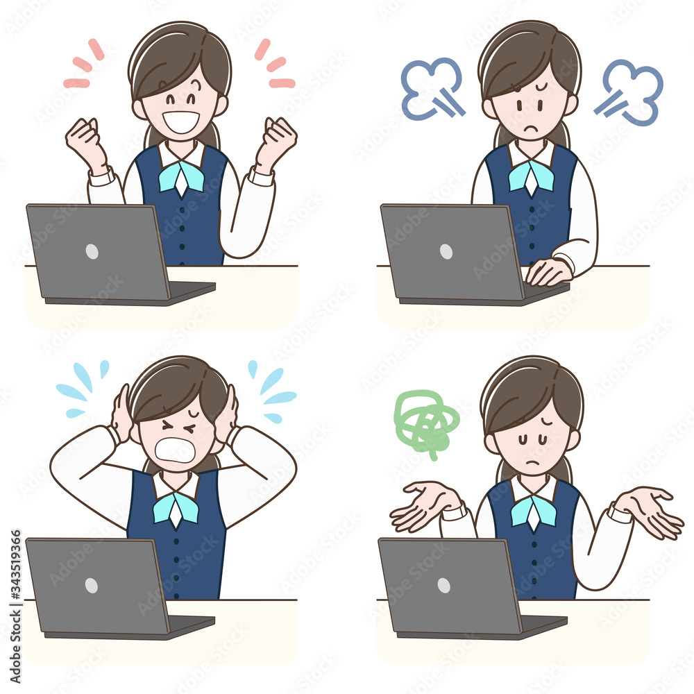 ノートパソコンで仕事をする女性の表情セット ノートパソコンで仕事をする女性の表情セット