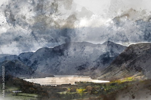 Digital watercolor painting of Majestic sun beams light up Crummock Water in epic Autumn Fall landscape image with Mellbreak and Grasmoor