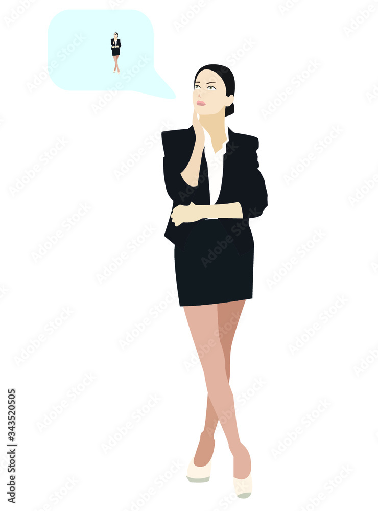 A thoughtful business lady is standing and thinking of her look. A thoughtful business lady is standing and thinking of her look.