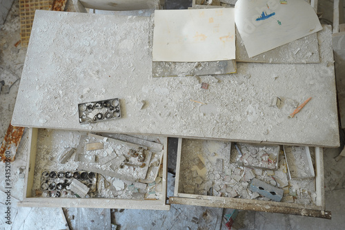Old and dirty furniture in kindergarten in Chernobyl