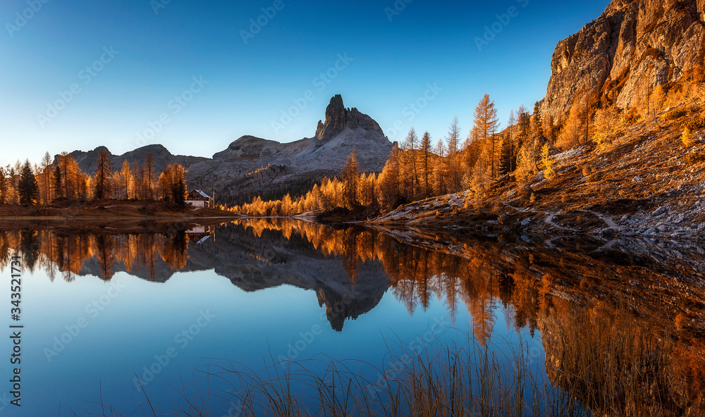 Beautiful Federa lake in the Dolomites Alps mountains. Mountain nature landscape, lake and mountain range during sunrise. Popular photographers attraction. famous Italian Dolomite locations.