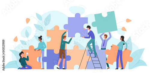Teamwork, startup character flat vector illustration business concept with giant puzzle. Teamwork partnership metaphor. Team building training, project management, group motivation, brainstorming photo