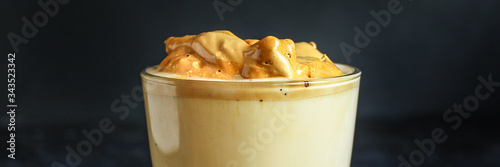Dalgona coffee trend ice drink
cappuccino or latte fluffy creamy whipped
Menu concept healthy eating. food background top view copy space for text