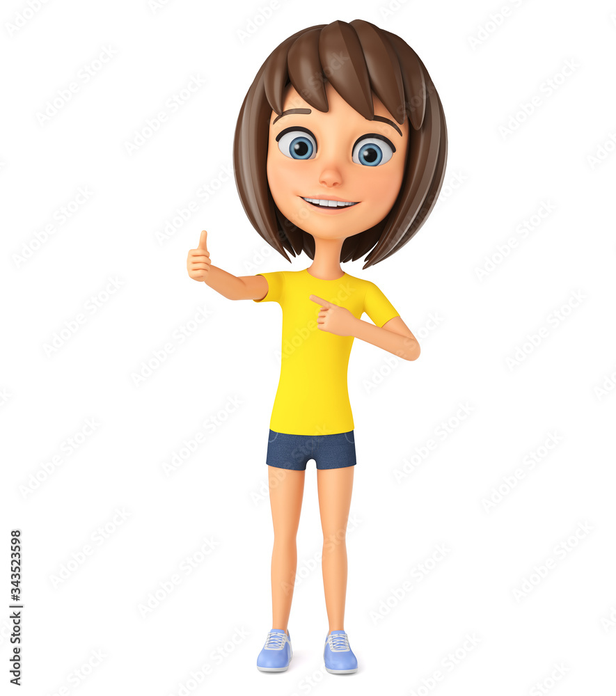 3d render illustration. Cheerful cartoon character girl points to a thumb on a white background. 3d render illustration. Cheerful cartoon character girl points to a thumb on a white background.