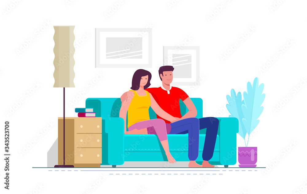 Couple at home sitting on sofa. Vector illustration Couple at home sitting on sofa. Vector illustration