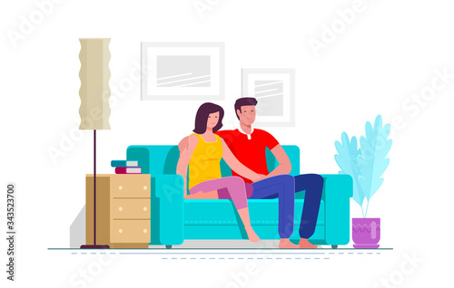 Couple at home sitting on sofa. Vector illustration