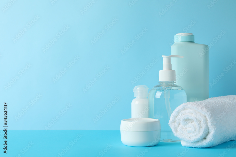 Body care products on blue background. Personal hygiene Body care products on blue background. Personal hygiene