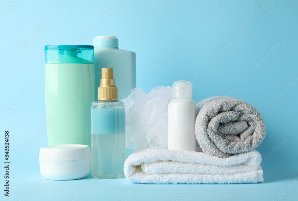 Body care products on blue background. Personal hygiene Body care products on blue background. Personal hygiene