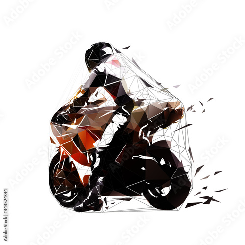 Motorbike rider, read view. Low polygonal road motorcycle. Geometric racing isolated vector illustration