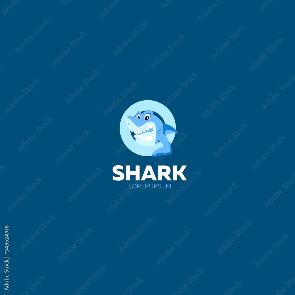 Shark logo smiling on a dark background in blue for sport games, mobile app, website, banner, poster. Vector illustration