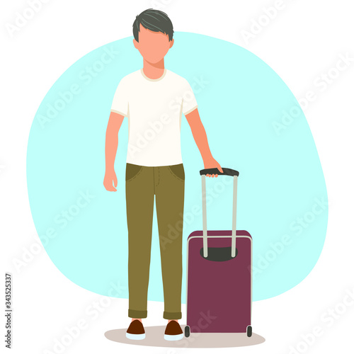 Young man with suitcase.  Isolated vector flat illustrations on  white background. Concept of trips and journeys.