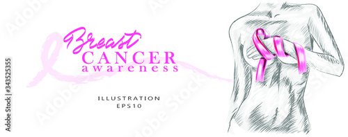 Fighting breast cancer. The figure of a girl drawn in pencil technique, with a pink ribbon. Breast cancer awareness calligraphy poster vector design. . October is a month of cancer awareness.