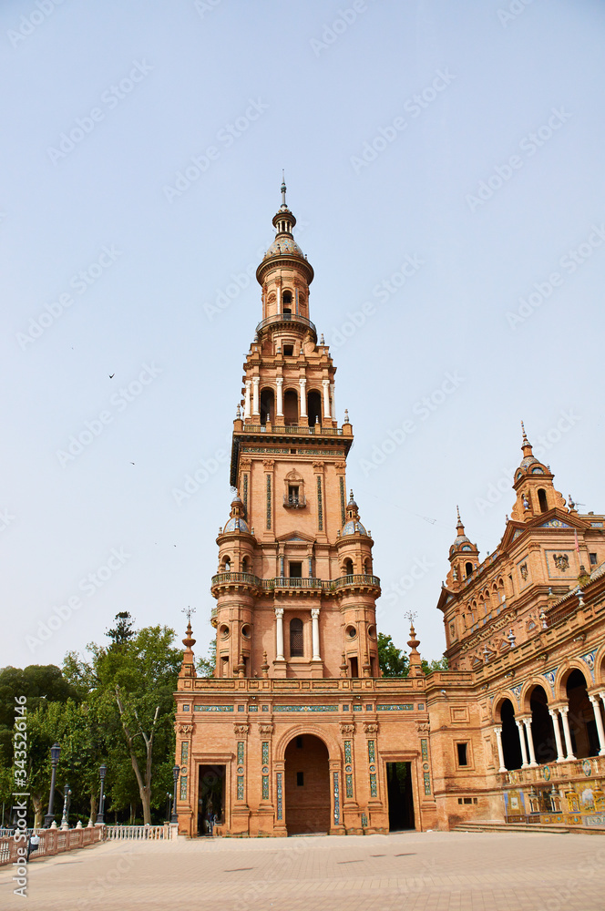 Historic buildings and monuments of Seville, Spain. Spanish architectural styles. Spain square