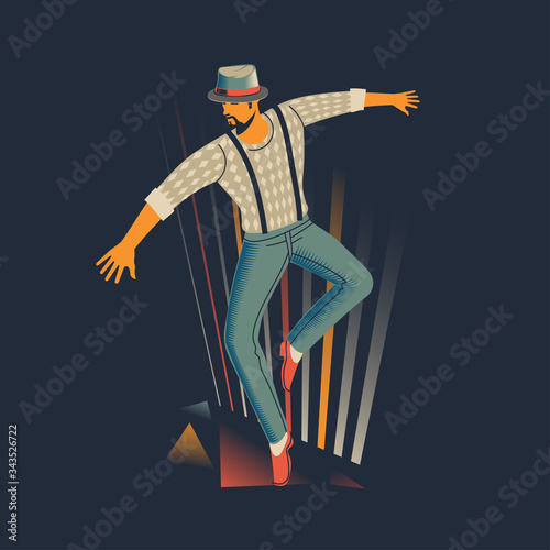 Man performing a tap dance in a spotlight and music instrument background