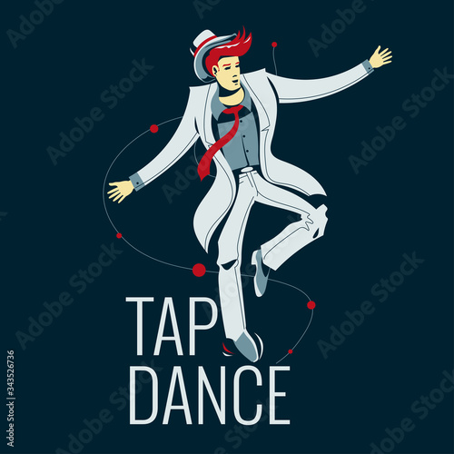 Man performing a tap dance in a spotlight and music instrument background