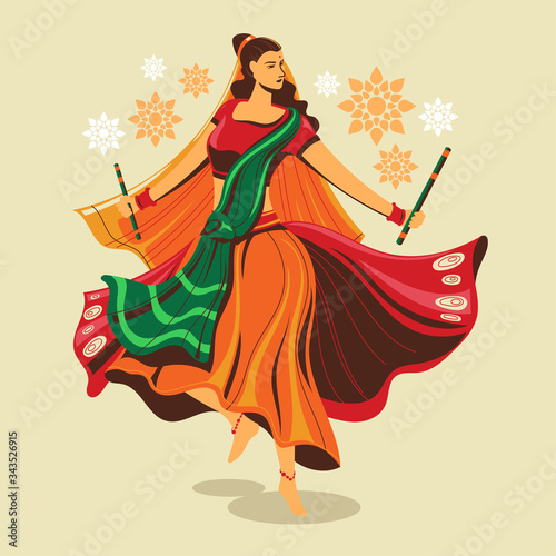 Vector design of woman playing garba dance for Dussehra Dandiya night during Navratri