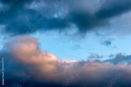 Dramatic sky with clouds on sunset evening. Natural abstract background.